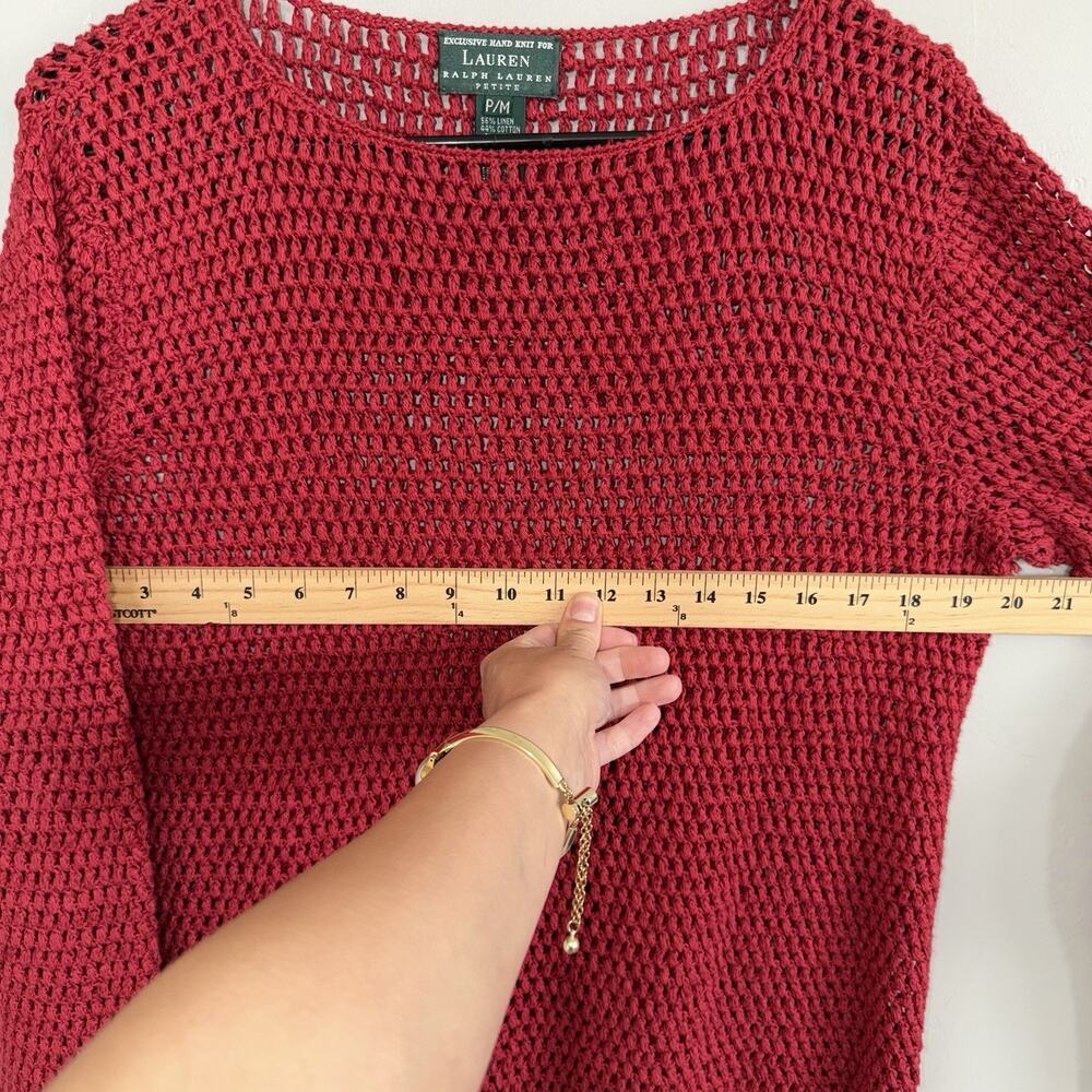 90’s Lauren Ralph Lauren Exclusive Hand Knit Linen Cotton Sweater PM Red Open - Picture 4 of 6